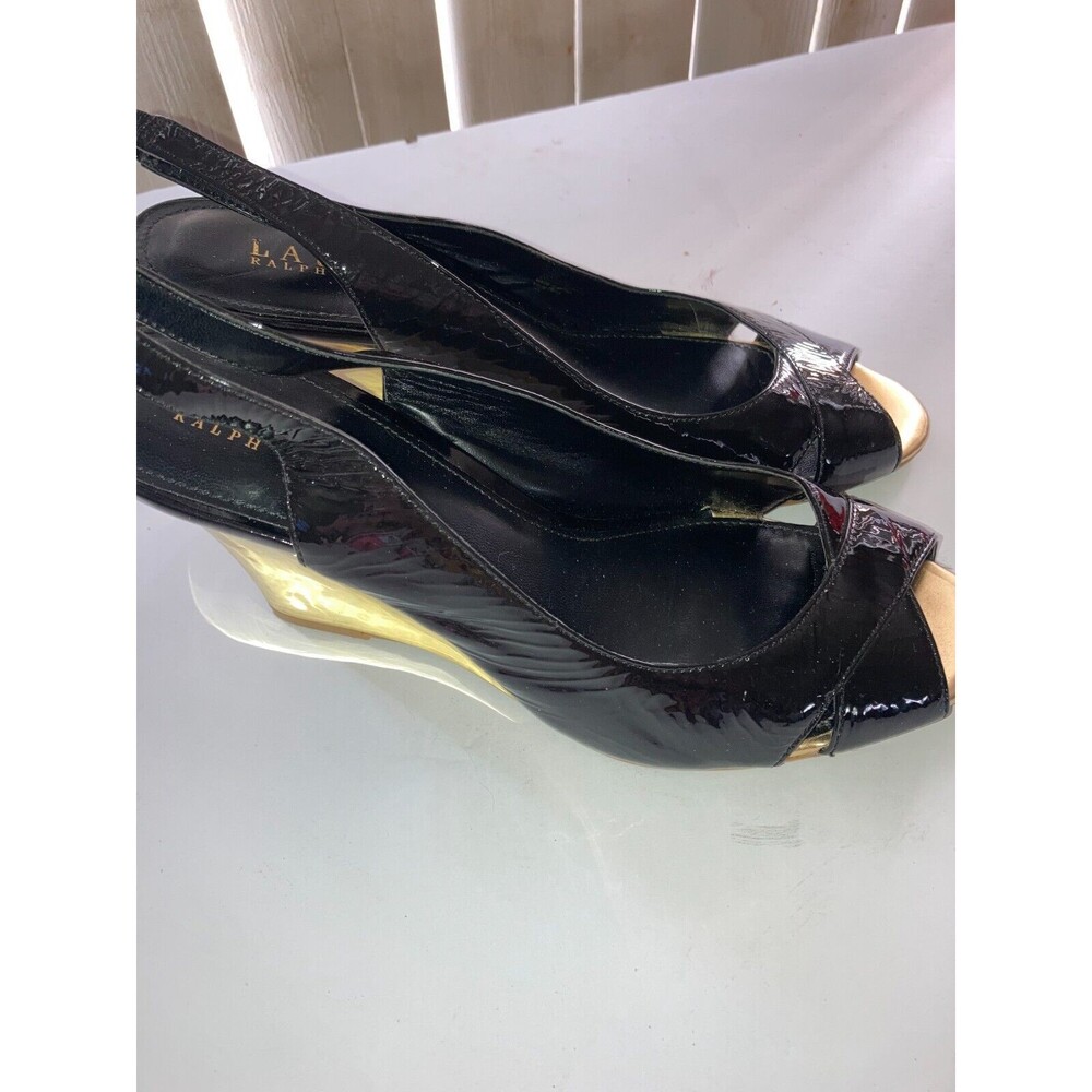 Ralph Lauren Womens  Black  Leather Peep Toe Slingback Gold Wedge Heels Size 10B